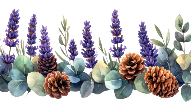 Watercolor botanical border of purple lavender, pinecones, and eucalyptus leaves - Powered by Adobe