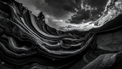 Striking monochrome landscape with layered rock formations under a dramatic, cloudy sky and distant mountains