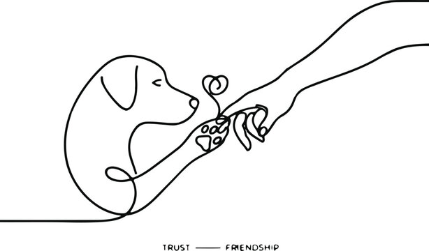 Dog and human hand connecting in one continuous line, symbol of trust and friendship, minimalist concept art
