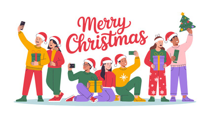 Joyful Christmas Gathering: A festive group of individuals, adorned in Santa hats, come together to capture the spirit of the season through a selfie session, and sharing gifts.