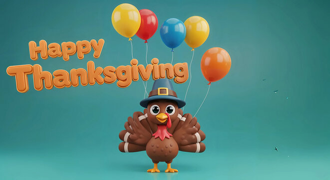 Happy thanksgiving cartoon turkey with balloons and hat on teal background