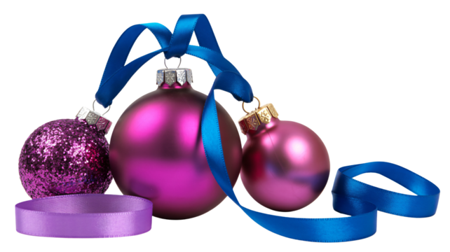 Sparkling festive Christmas ornaments in vibrant magenta and deep blue ribbons create a joyful holiday celebration mood.