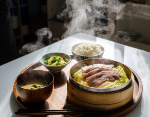 せいろで作った蒸し豚 日本料理