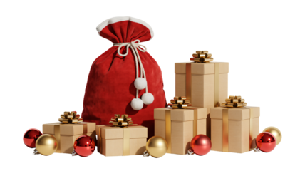 Abundant holiday gifts and Santa's sack overflowing with festive joy, ready for Christmas morning celebrations and winter wonder