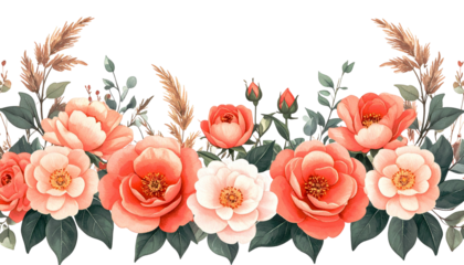 Watercolor floral border of peach roses, green leaves, and dried grasses