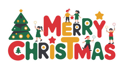 Holiday Cheer: A festive Christmas scene features cheerful children surrounding the words Merry Christmas adorned with decorations. Embodying the spirit of the season, joy, and togetherness. 