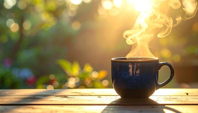 Steaming drink in blue mug sits on wooden surface, backlit by morning sun, blurred greenery background