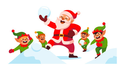 Holiday Frolic: Santa Claus and his elves joyfully engage in a playful snowball fight, embodying the spirit of winter holiday season.