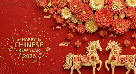 Happy chinese new year 2026 greeting with two horses and floral decoration on red background