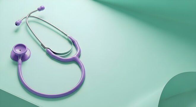 Minimal purple stethoscope on mint background -healthcare concept, medical device with copy space