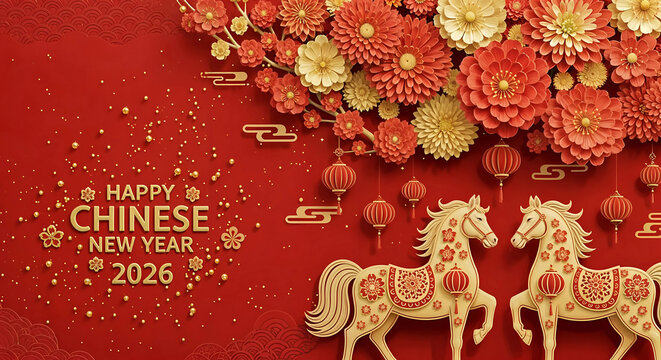 Happy chinese new year 2026 greeting with two horses and floral decoration on red background