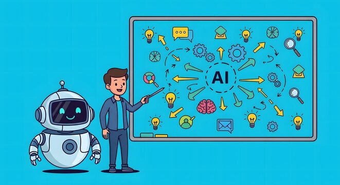 Cartoon illustration of a man presenting ai concepts with a robot on a blue background design style