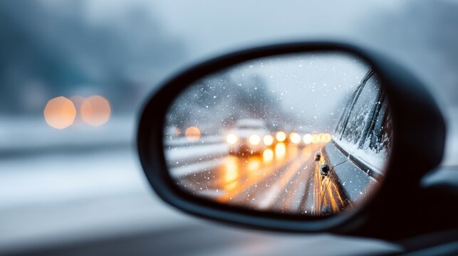 A side mirror reveals a snowy road lined with bright headlights of cars. The gentle snowfall creates a calm atmosphere, highlighting the peacefulness of winter travel