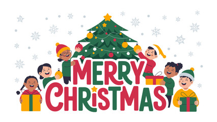 Christmas Cheer: A vibrant illustration captures the magic of the holiday season, with a decorated tree and children filled with merriment, gift and the word Merry Christmas. 