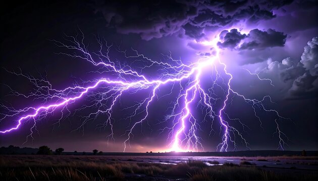 Striking purple lightning illuminates a vast landscape under a stormy sky - Powered by Adobe