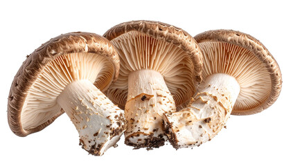 Fototapeta premium Three brown mushrooms, showing gills and stems, against a black background