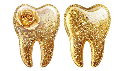 Two golden teeth, one with a rose, glittery, against a black background