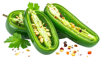 Sliced, vibrant green peppers with seeds, and flecks of spice are displayed