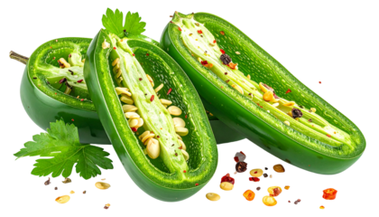 Sliced, vibrant green peppers with seeds, and flecks of spice are displayed