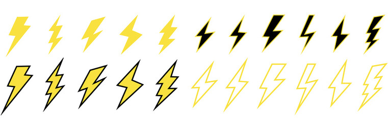 Yellow lightning bolt icons. Electric strike and blitz speed logo, thunderbolt flash storm, volt power symbols. Vector isolated set