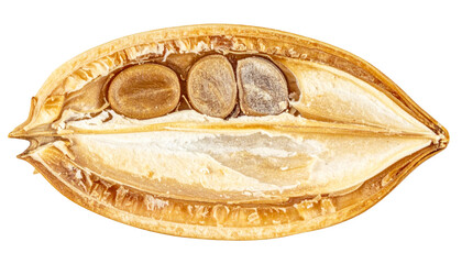 Close-up of a grain, bisected to reveal interior kernels and outer husk
