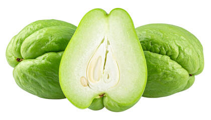 Three green chayote fruits, one halved, showing inner seed and flesh detail