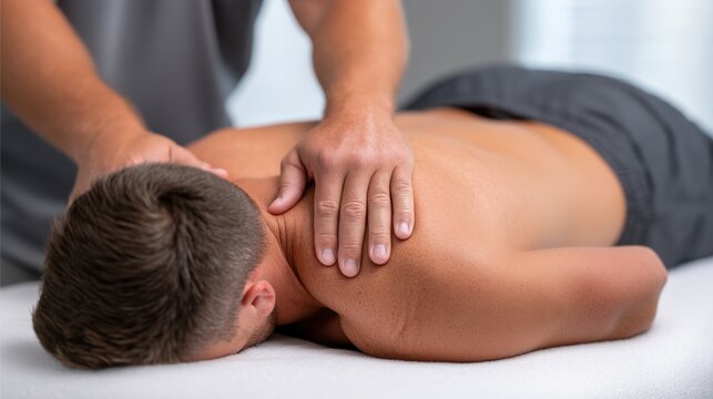 In a clinical space filled with calm, a professional administers a soothing shoulder massage. The patient's posture suggests relaxation while receiving therapeutic care