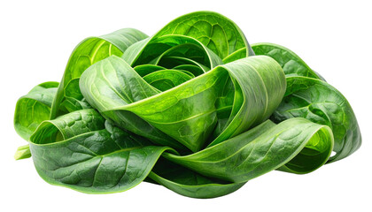 Fresh, vibrant spinach leaves, arranged in a spiral on a transparent background