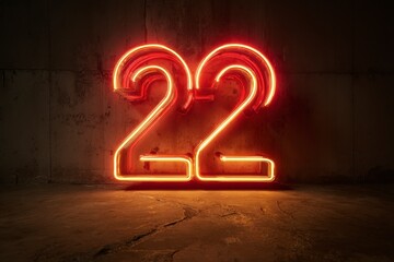 Neon Number 22 Displayed on Wall with Dark Background Lighting