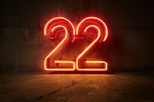 Neon Number 22 Displayed on Wall with Dark Background Lighting - Powered by Adobe