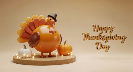 A cute cartoon turkey wearing a hat stands with pumpkins and lights, wishing a happy thanksgiving day