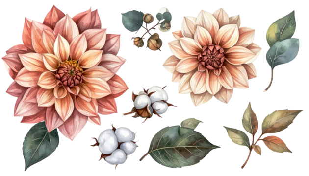 Watercolor floral arrangement featuring dahlias, cotton, and leaves on black - Powered by Adobe