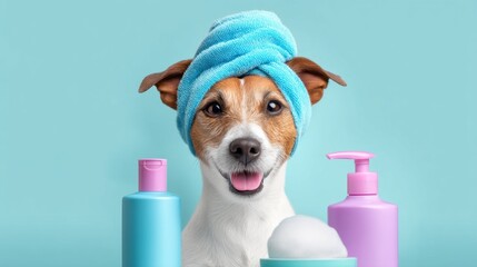 A joyful canine wears a soft blue towel, surrounded by colorful pet care products. The bright backdrop adds to the happy mood, making it a delightful and playful scene