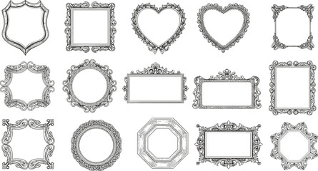 Vintage elegant hand drawn frame set, baroque ornament swirls, royal antique design collection, retro sketch engraving style, isolated luxury decorative