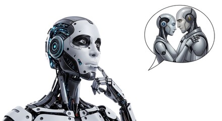A robot in a thoughtful pose with a dream bubble showing two robots embracing on a white background