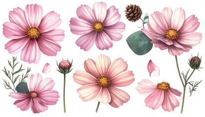 Pink cosmos flowers, buds, leaves, and a pinecone arranged on a black background