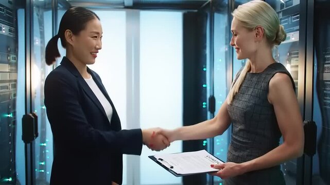Women shaking hands in data center. - Powered by Adobe