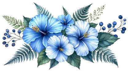 Watercolor arrangement of blue hibiscus blooms and berries with fern fronds
