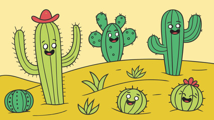 Cute Friendly Happy Cartoon Cacti Characters in Desert Landscape Vector Illustration for Kids Education and Summer Design