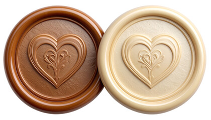 Two circular seals, brown and cream, embossed with hearts and intricate floral design