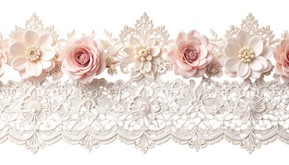 A delicate floral lace border with pink blooms and pearl accents