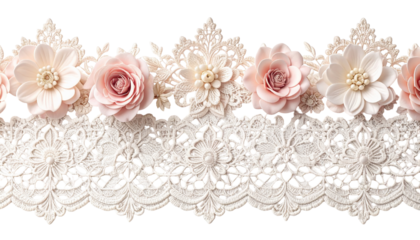 A delicate floral lace border with pink blooms and pearl accents