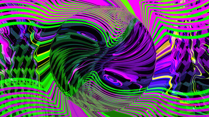 Bright fluid neon light background. Abstract liquid green purple pink wave. Glitch Art trippy digital screen. banner. Template. line. Bubble. Deep Tech card. geometric texture. Energy. Circle. VR