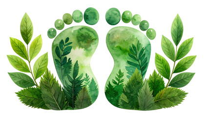 Watercolor footprints with forest scenes, leaves, and a black background