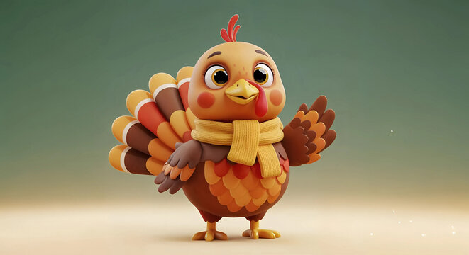 Cute cartoon turkey character wearing a scarf, waving hello, perfect for thanksgiving and autumn themes