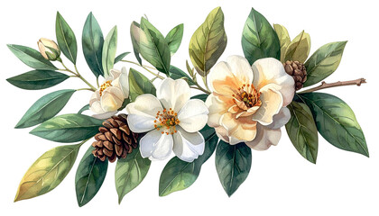 Delicate floral illustration of white blooms, greenery, and pinecones