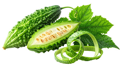 Green, bumpy bitter melon and sliced half, with leaves and rind curl