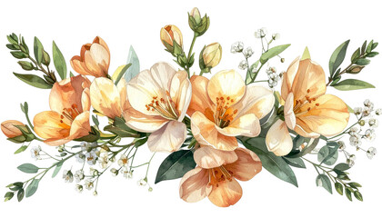 Watercolor arrangement Peach blossoms, greenery, and small white flowers