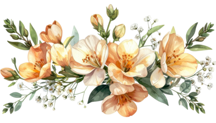 Watercolor arrangement Peach blossoms, greenery, and small white flowers