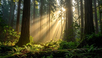 Sunbeams pierce a lush, green forest, highlighting ferns and mossy trees in a tranquil, natural setting